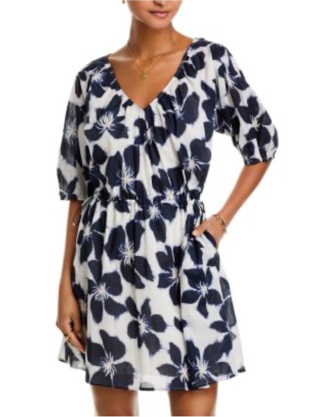 Velvet by Graham & Spencer Navy and White Floral V-Neck Dress